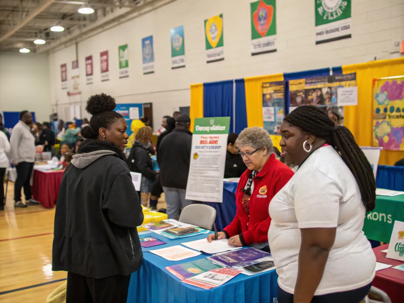 A group of healthcare professionals volunteering at a community health fair, providing free health screenings and information to local residents.