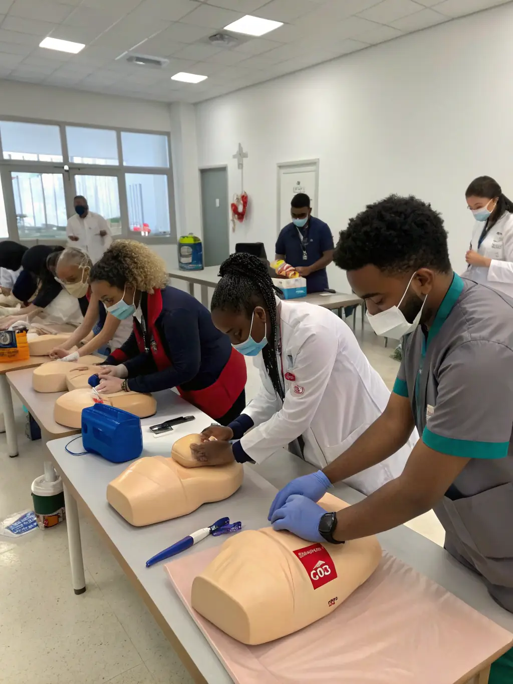 Medical students are participating in a training session with experienced physicians, learning practical skills in a hospital setting.