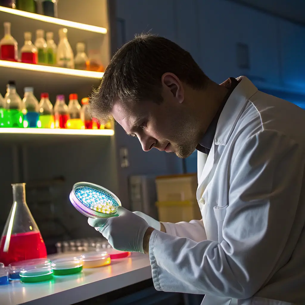 A researcher in a lab coat examining a petri dish with glowing bacteria, symbolizing medical research and innovation.