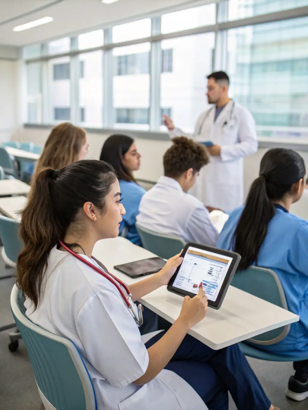 A group of medical students attentively listening to a lecture in a modern classroom setting, highlighting UUCCMGBINC's commitment to medical education.
