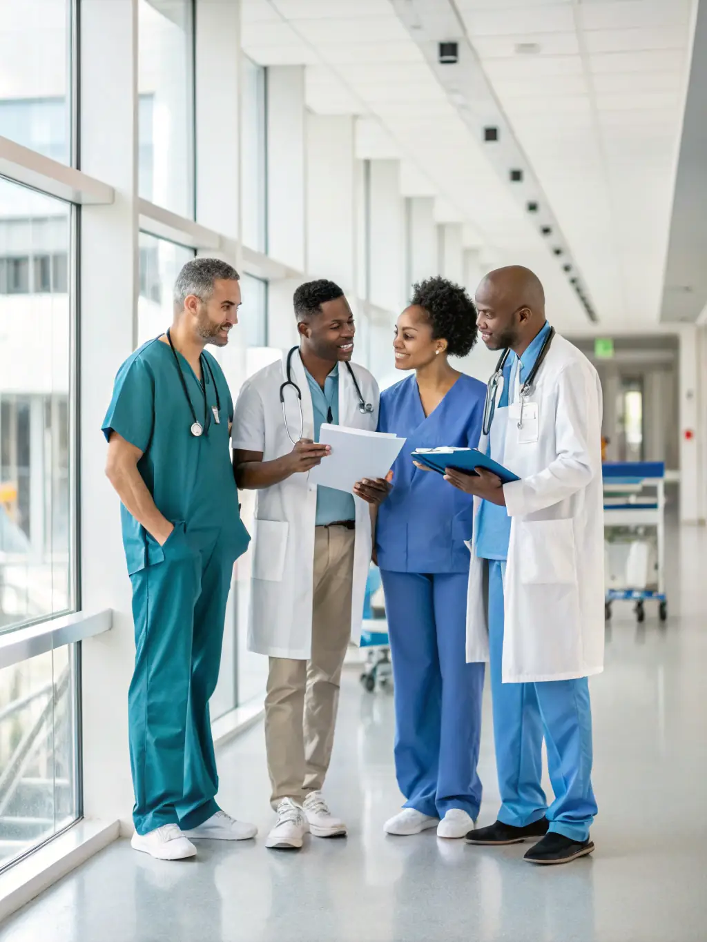 A diverse group of medical professionals collaborating in a modern clinic setting, symbolizing UUCCMGBINC's commitment to comprehensive primary care services.