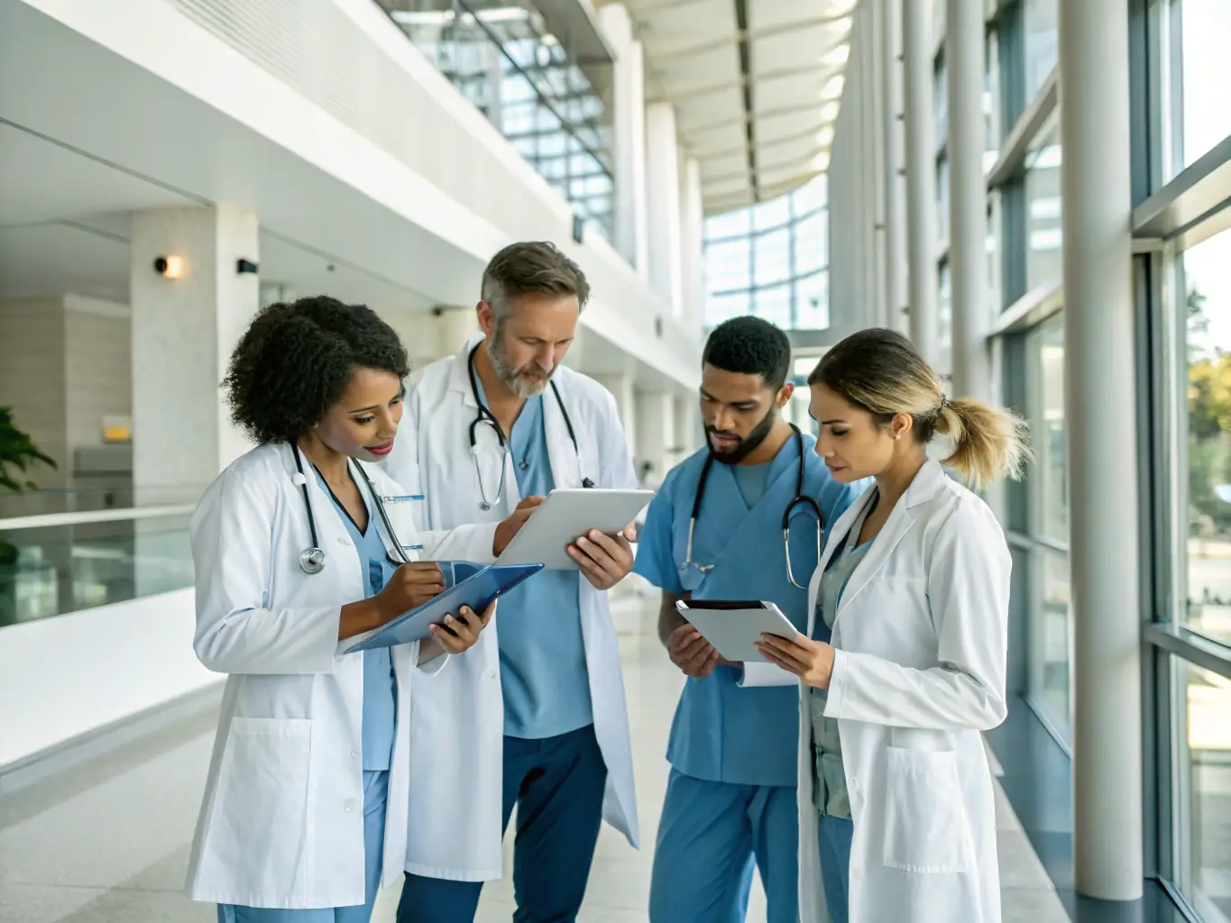 A diverse team of healthcare professionals collaborating in a modern medical office, symbolizing UUCCMGBINC's commitment to comprehensive primary care services.