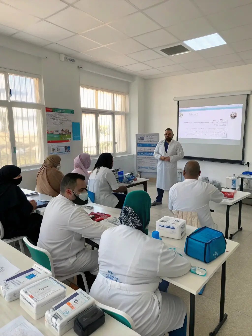 A photo of medical students in a classroom setting, attentively listening to a lecture, symbolizing the impact of donations on medical education at UUCCMGBINC.