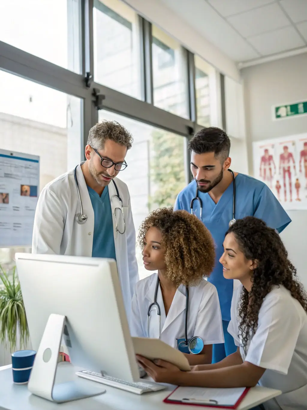 A diverse group of healthcare professionals collaborating on a patient's care plan, emphasizing the integrated approach to healthcare at UUCCMGBINC.