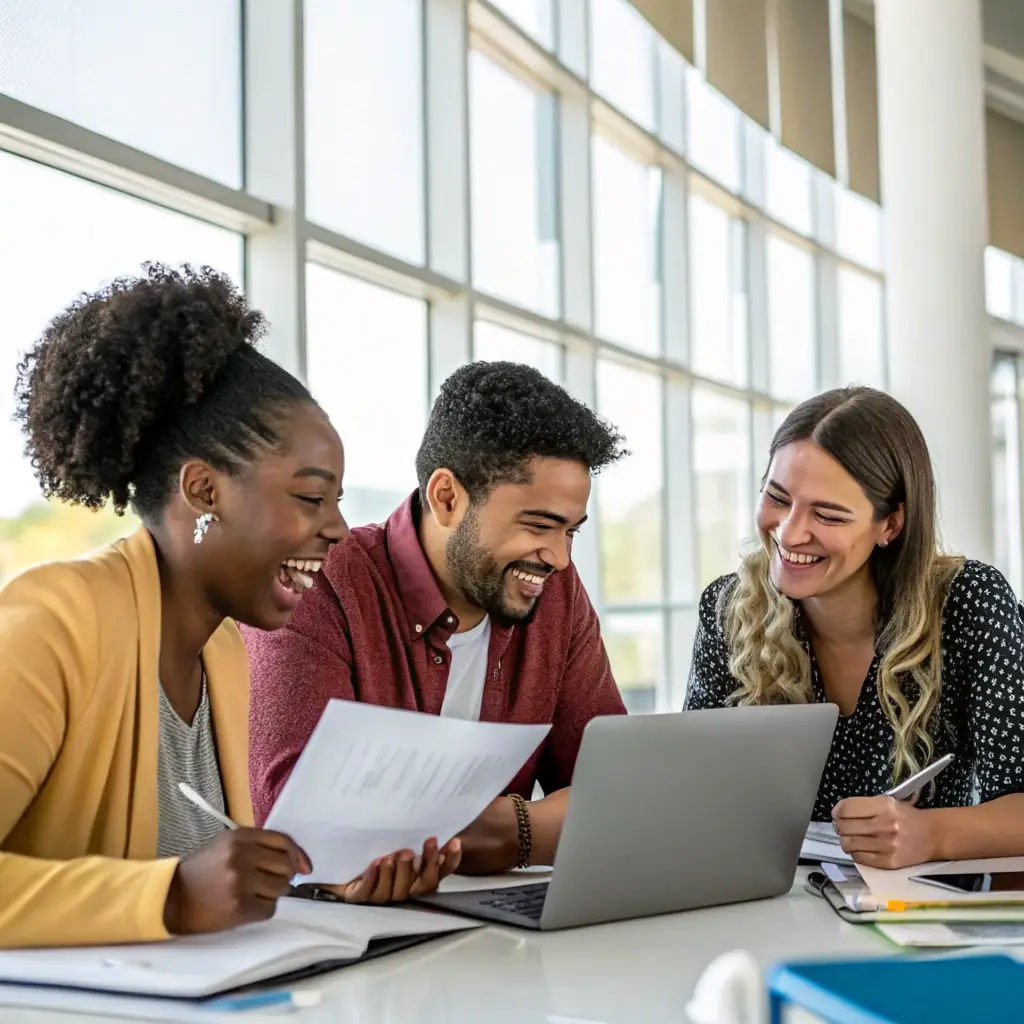 A diverse group of researchers collaborating around a table, analyzing data and discussing findings, representing teamwork and scientific discovery.