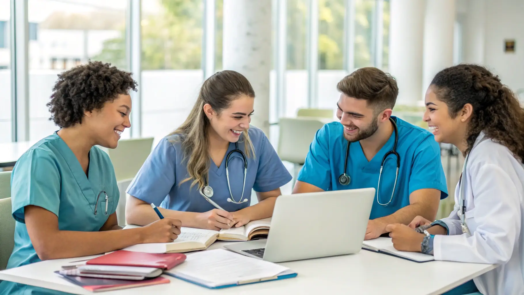 A group of medical students in a classroom setting, actively participating in a lecture.